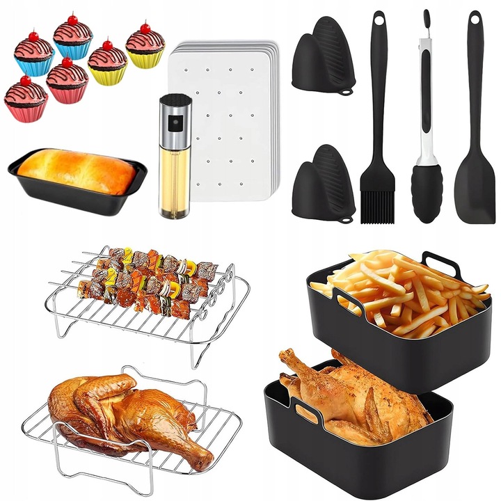 Set accesorii 22 piese pentru friteuza Ninja, forme siliconice, culori diverse, 7,6L-9,5L