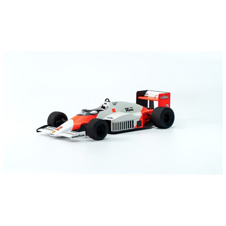 McLaren MP4/2B 1985 Monaco GP Winner autómodell, 1/20, összeszerelési készlet, átlátszó műanyag alkatrészek, gumiabroncsok