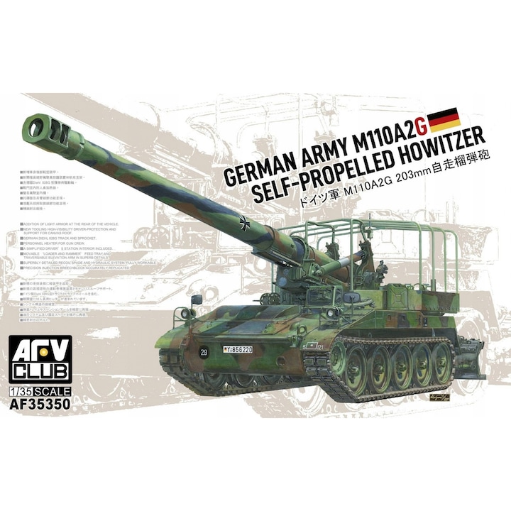 AFV Club M110 A2G katonai modell, 1/35, fotómaratott elemekkel, gumikkal, belsővel, összeszerelési készlet