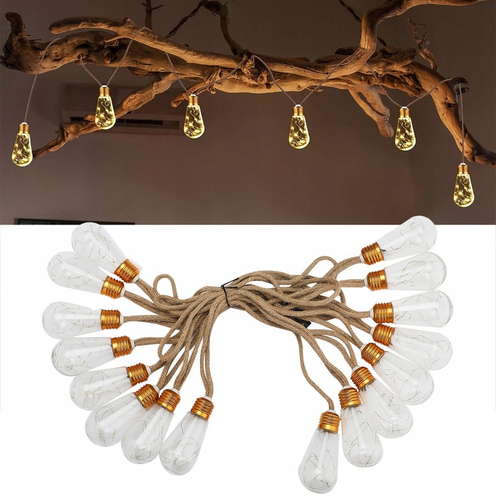 Lant de lumini LED solar, 16 becuri, 7,8 m, alb cald, pentru exterior