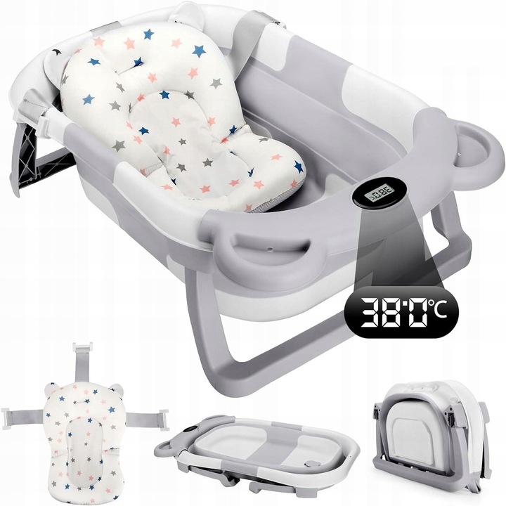 Cada pliabila pentru bebelusi, silicon, termometru LCD, perna, multicolor