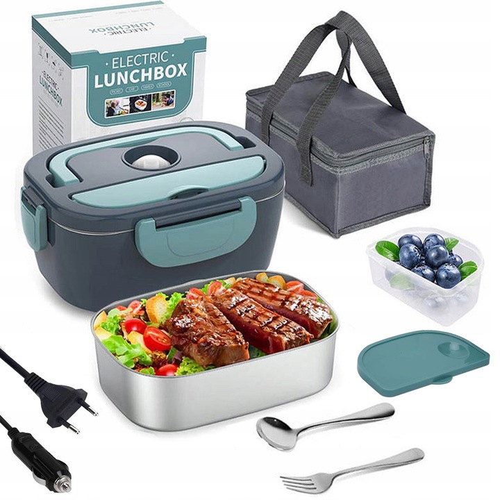 Cutie alimentara electrica, 1,5 L, 60 W, inox 304, verde inchis-gri, set cu tacamuri si geanta termica
