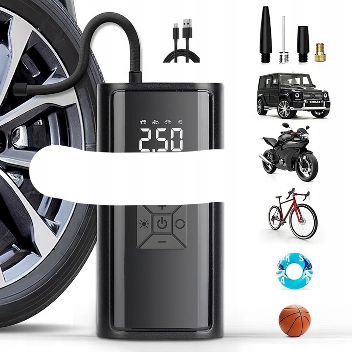Compresor auto, pompa pentru bicicleta, acumulator USB-C, set