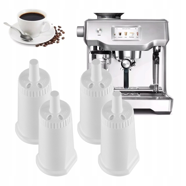 Vízszűrő eszpresszógépekhez, 4 darabos készlet, kompatibilis a Sage eszpresszógépekkel, eltávolítja a klórt és a szennyeződéseket, védi a készüléket.