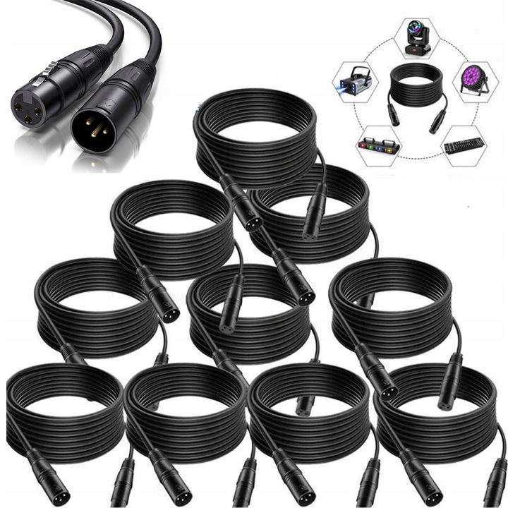 Set 10 cabluri XLR 1m, mesc la femela, pentru semnal DMX, pentru iluminat scenic