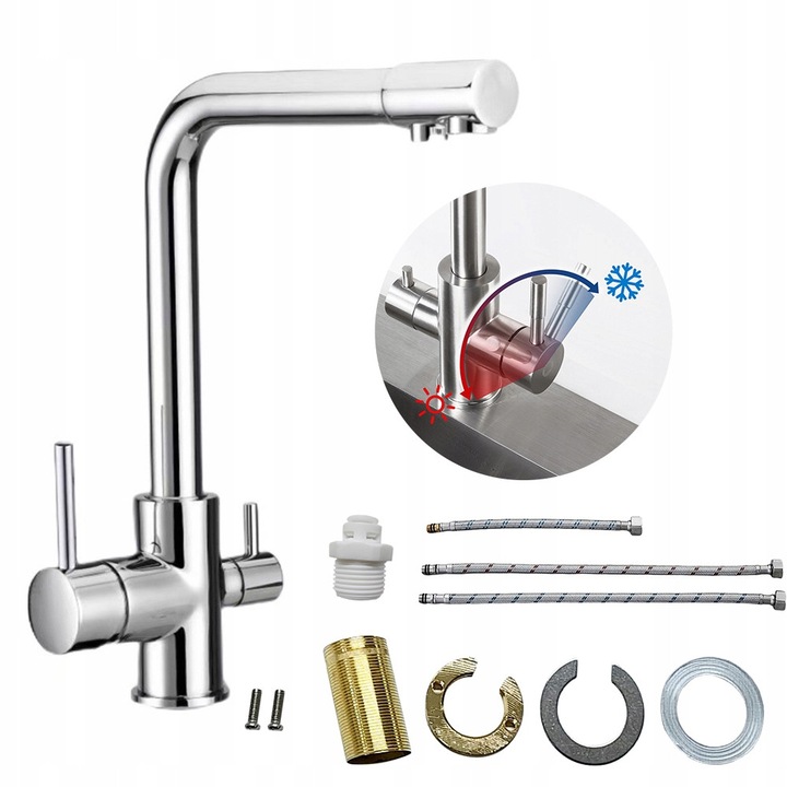 Konyhai csaptelep két kifolyóval, hideg és meleg vízhez, szűrt vízzel, 360°-ban forgatható, 35 mm-es szabványos rögzítés, rugalmas