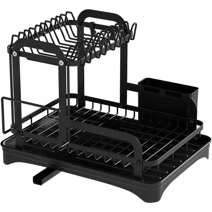 Kétszintes edényszárító, fekete, kovácsoltvas, 360°-ban kihúzható lefolyórendszerrel
