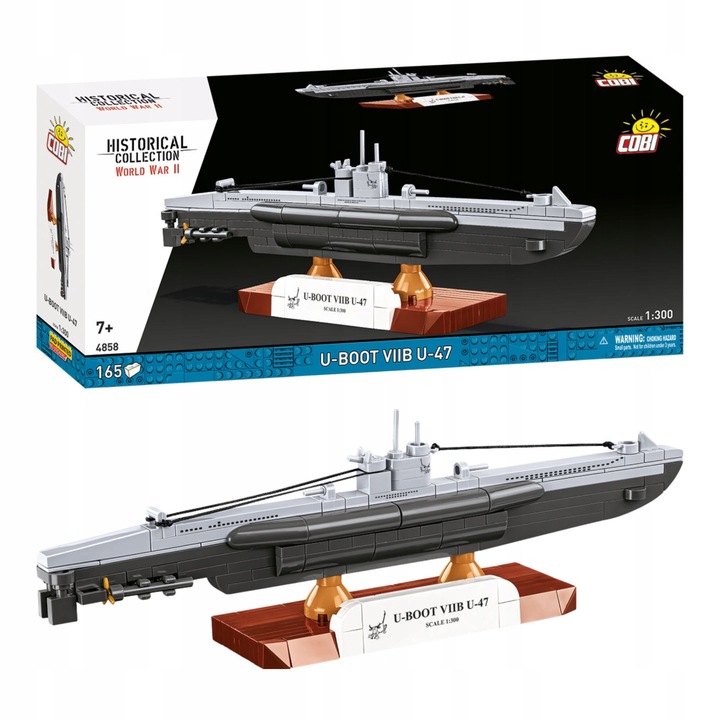 Set de constructie Cobi U-Boot U-47 T.VIIB, 165 piese, 22,5x4x7cm, design istoric WWII