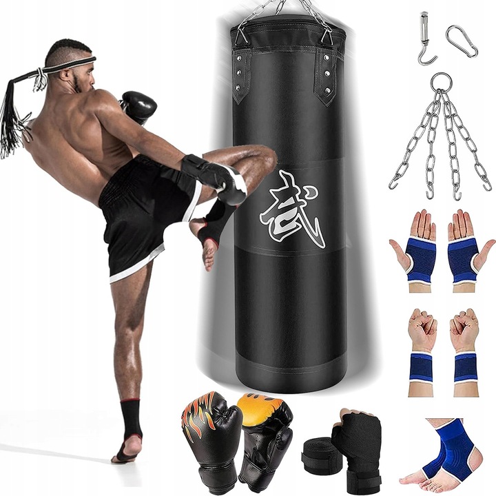 Sac de antrenament cu manusi, 120x40cm, negru, set complet