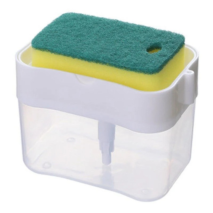 Dozator, dispenser 2 in 1 pentru detergent lichid de vase, capacitate 380ml, burete de vase inclus, 14x10.5x10cm, Alb