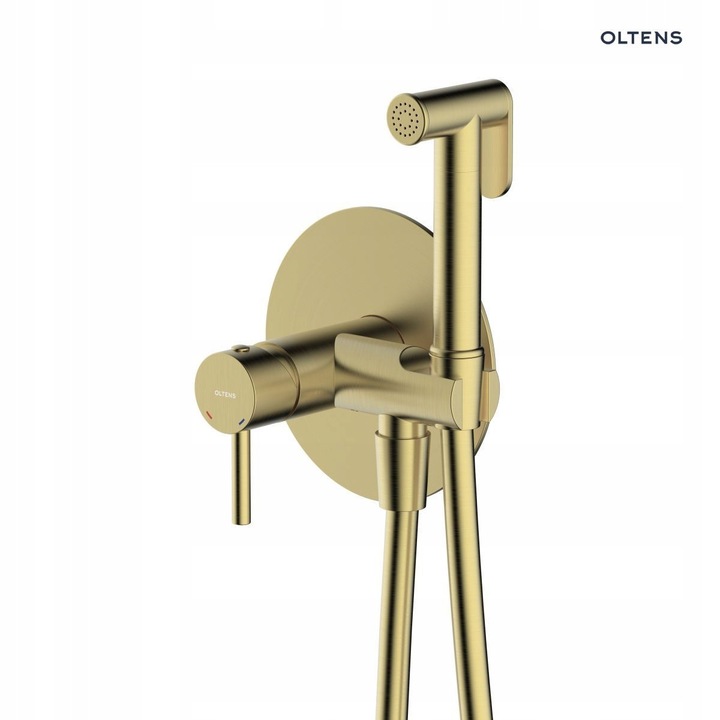 Тънък смесител за биде Oltens Molle, единичен, матирано злато, 21x12x22cm, пълен комплект с душ за биде