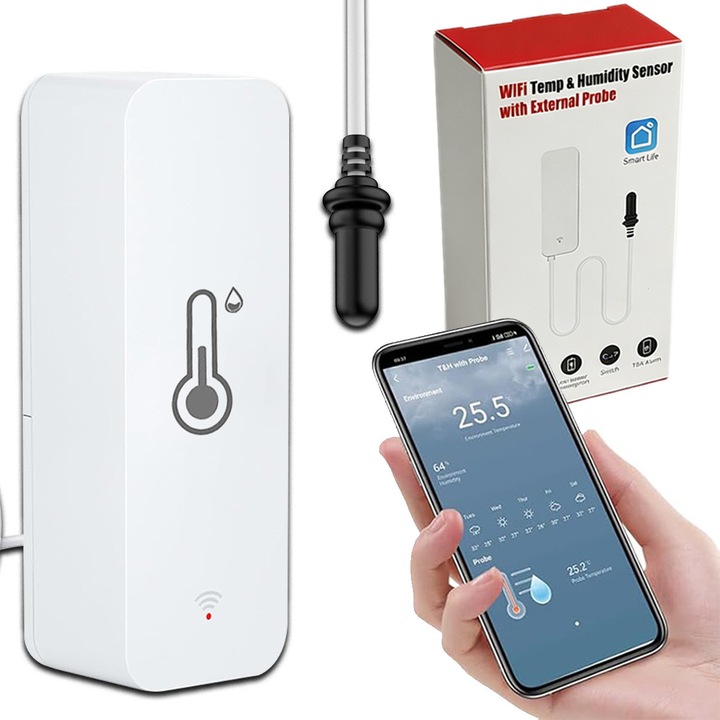 Termometru-higrometru WiFi, T01, 2 senzori, alb, 71x25x20mm, set complet
