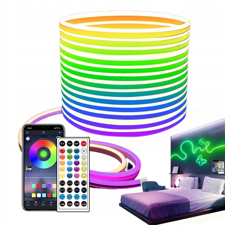 Banda LED Neon 20M RGB, iluminare liniara, waterproof IP65, control prin aplicatie, set complet