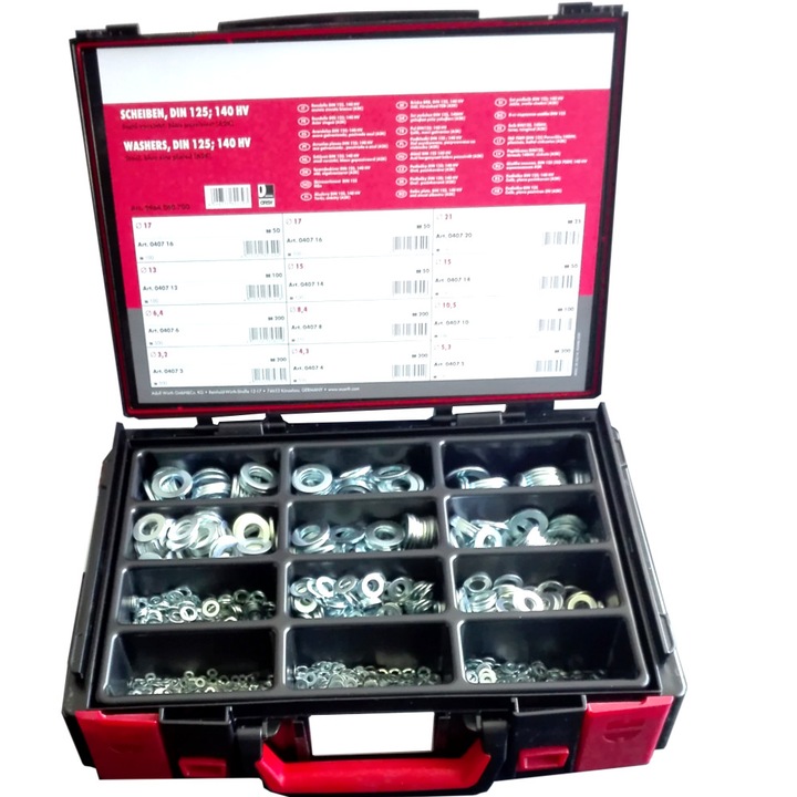 Set organizator cu 1425 piulite DIN 125-A, Wurth, 3,2-21 mm, 370x270x85mm