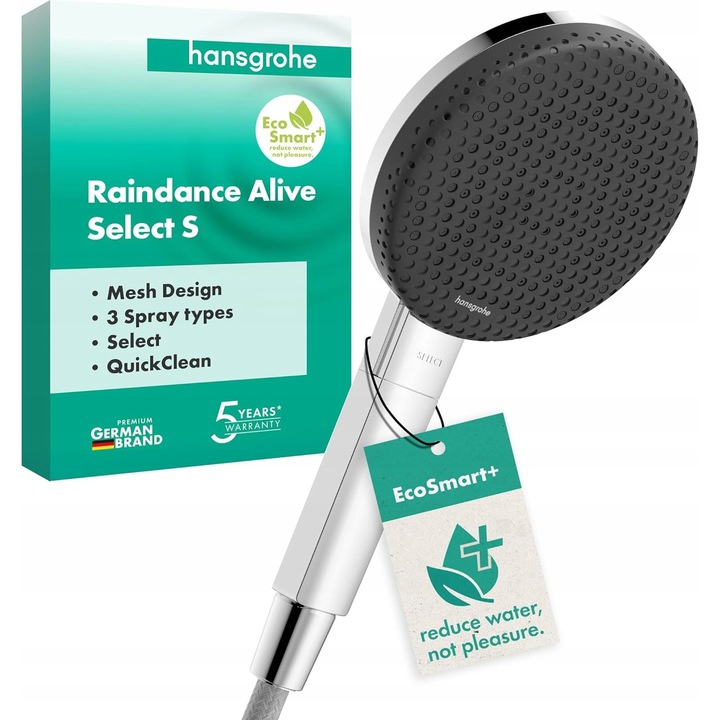 Hansgrohe Raindance Alive Select S EcoSmart cap de dus, crom, 125mm, 2 tipuri de jeturi, design grafic