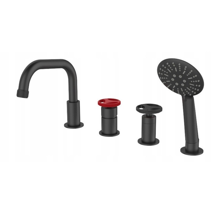 Baterie sanitara, Loftea, 4-otworuri, negru mat + rosu lucios, 22,2x19,6x13,5cm, set complet