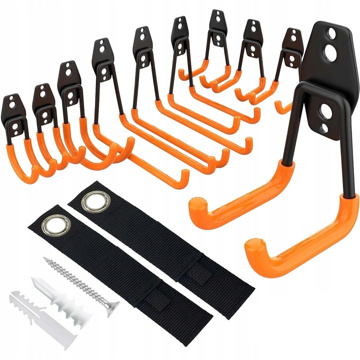 Комплект от 12 опори за съхранение на велосипеди, стълби и кабели, черно-оранжеви, различни размери