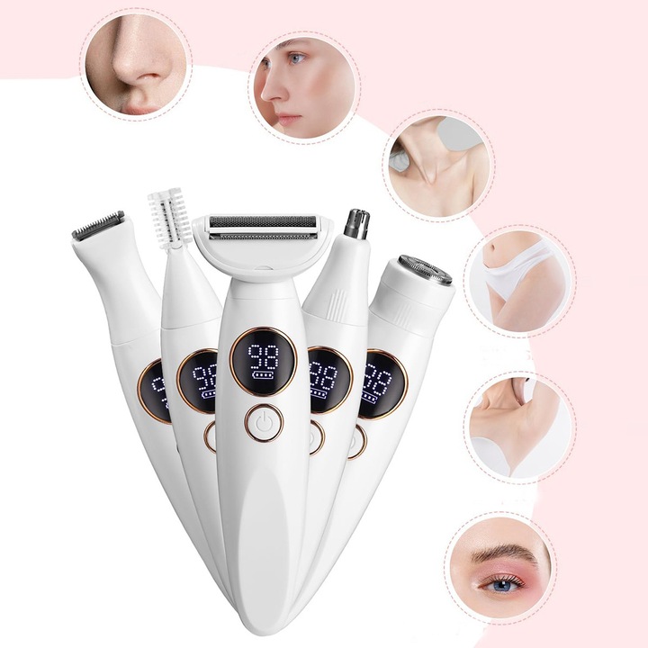 Masina de ras electrica pentru femei 5 in 1, alb, cu incarcare USB-C, dimensiuni 15,5x5cm, set complet
