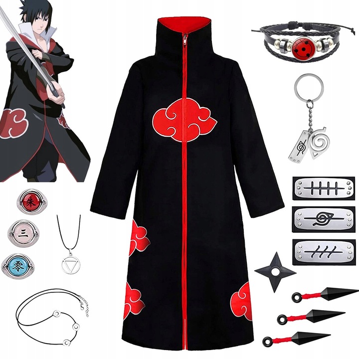 Costum Cosplay Uchiha Itachi Akatsuki, set 15 piese, negru-rosu, L