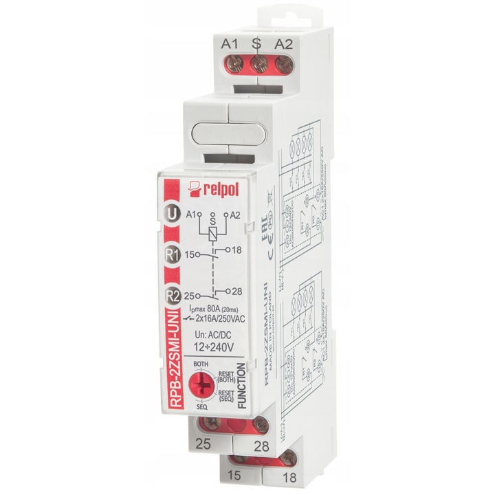 Bistabil relé, Relpol, 2Z, 12-240V AC/DC, 16A, 17,5x64,6x90mm
