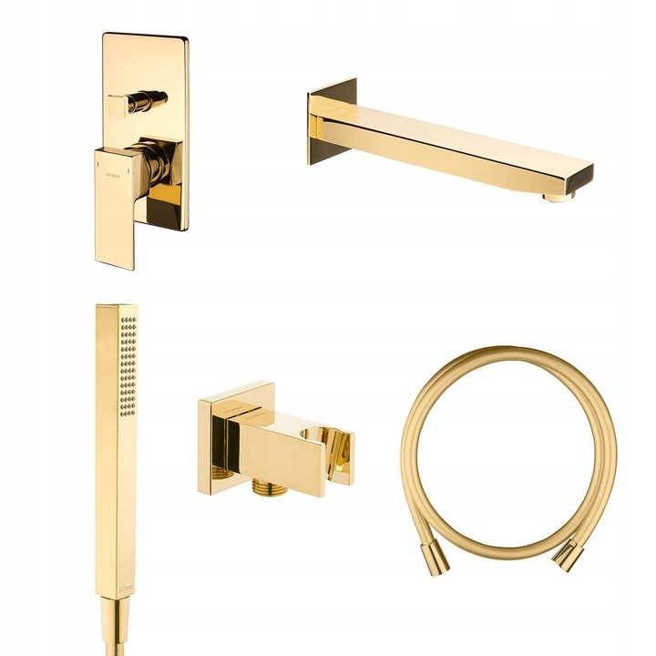 Set baterie sanitara Oltens Gota, aurie, montaj subtire, include baterie, wylewka, dus si furtun 125 cm