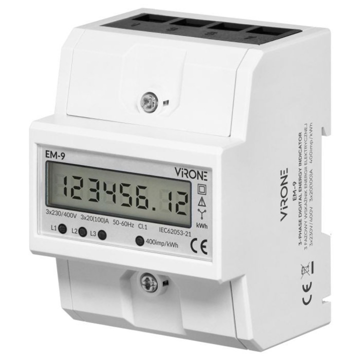 VIRONE EM-9 3-fázisú villanyóra, 100A, LCD, DIN sínre szerelhető, IP51