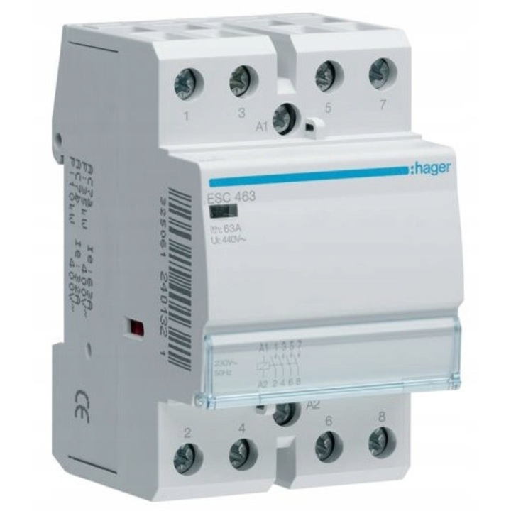 Модулен контактор, Hager ESC466 63A, 3NO, 1NC, 230V, 60x85x54mm