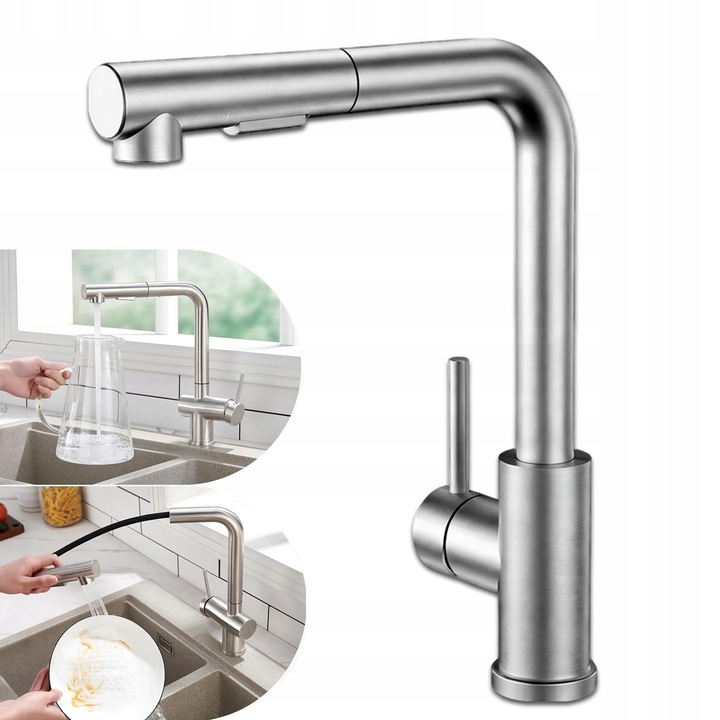 Konyhai csaptelep kihúzható kifolyóval, 2 üzemmód, szálcsiszolt rozsdamentes acél, 360°