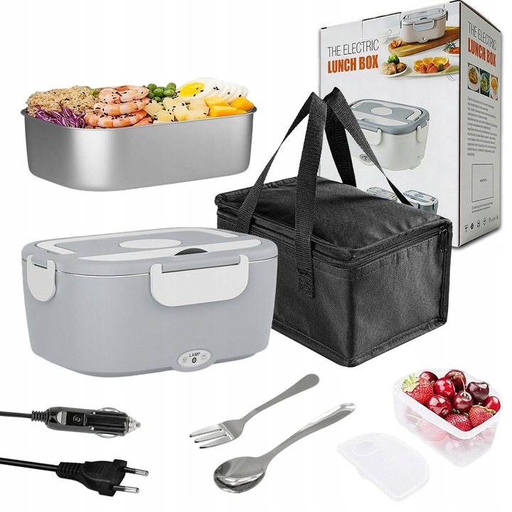 Cutie alimentara electrica 3 in 1, 1,5L, gri, cu accesorii si torba termica
