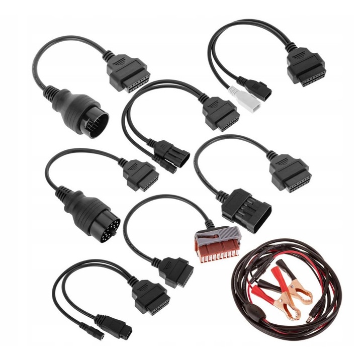 Set cabluri diagnostice OBD II pentru vehicule OPEL, FIAT, Mercedes, 16 pini, cablu de alimentare cu crocodili