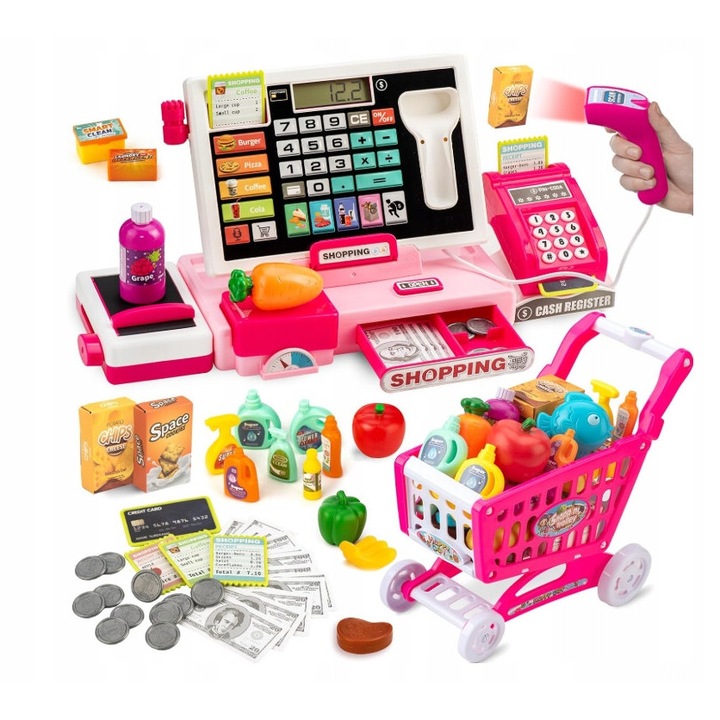 Set joaca supermarket cu casa de marcat si carucior, sunete realiste, accesorii diverse