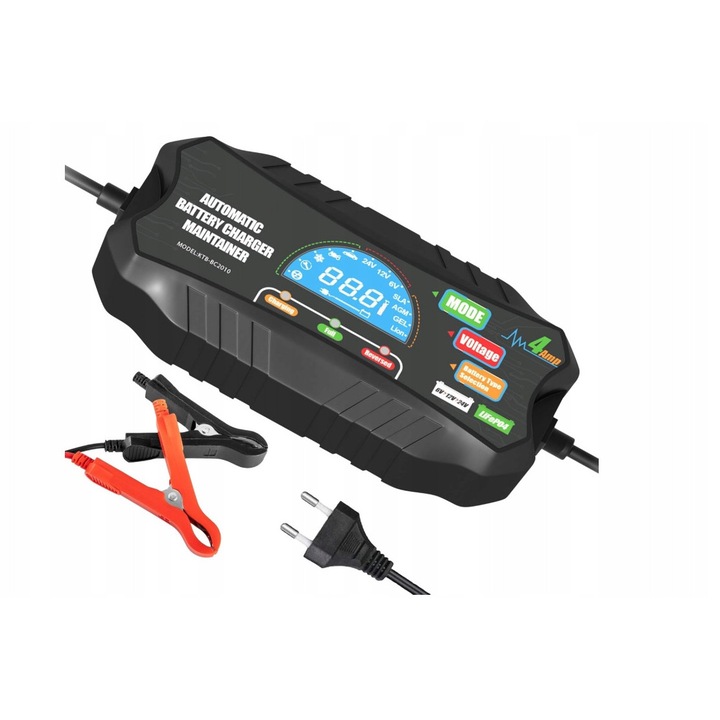 Incarcator auto inteligent 6V/12V/24V, multifunctional, cu display LCD, protectie la suprasarcina, 2A/4A