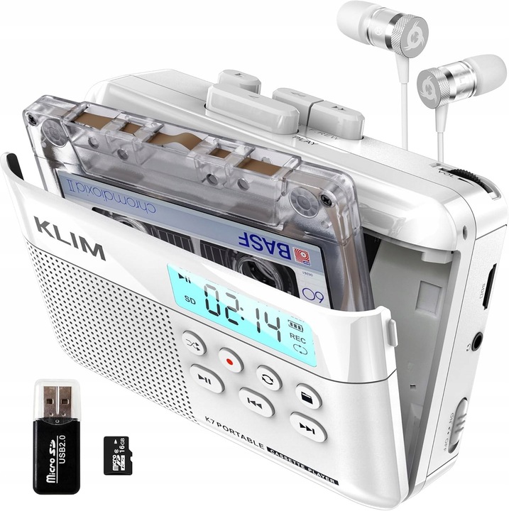 Касетофон Klim K7, конвертор на касети в MP3, 16GB карта, слушалки, USB