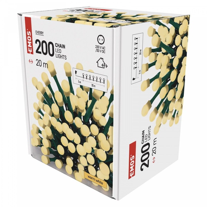 Lampki de Craciun set 200 LED, Emos, 20m, caldura alba, cablu verde, IP44