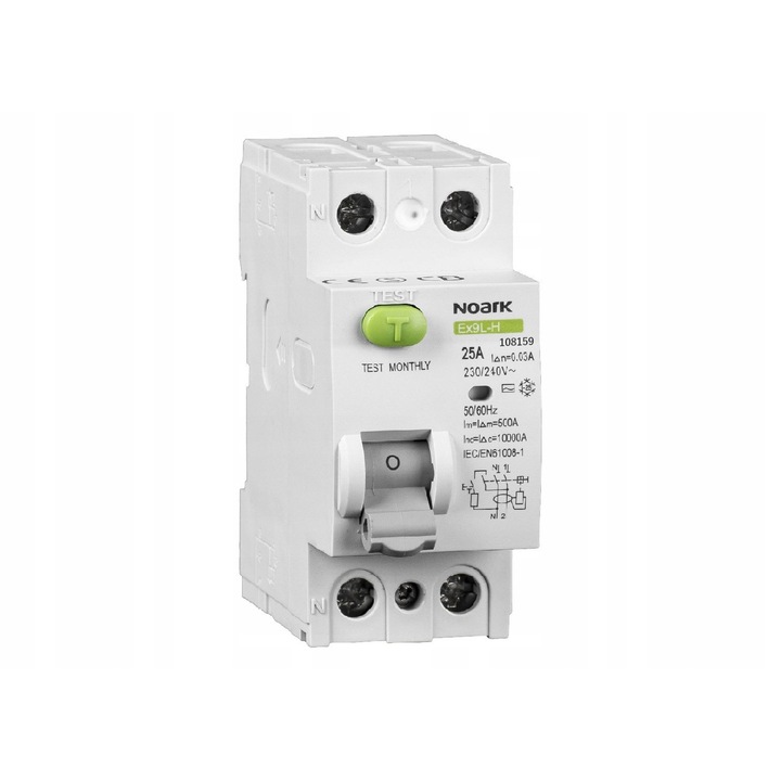 Dispozitiv de protectie diferentiala 2P 25A 30mA 10kA Ex9L-H, Noark, AC, dimensiuni 36x88x79mm