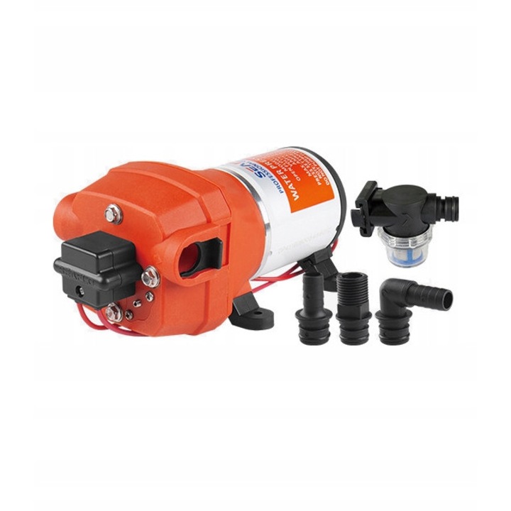 Водна помпа 12V Seaflo, 12,5L/min, 2,4 BAR, със самозасмукване, 98,5x210x102mm, комплект с филтър и накрайници