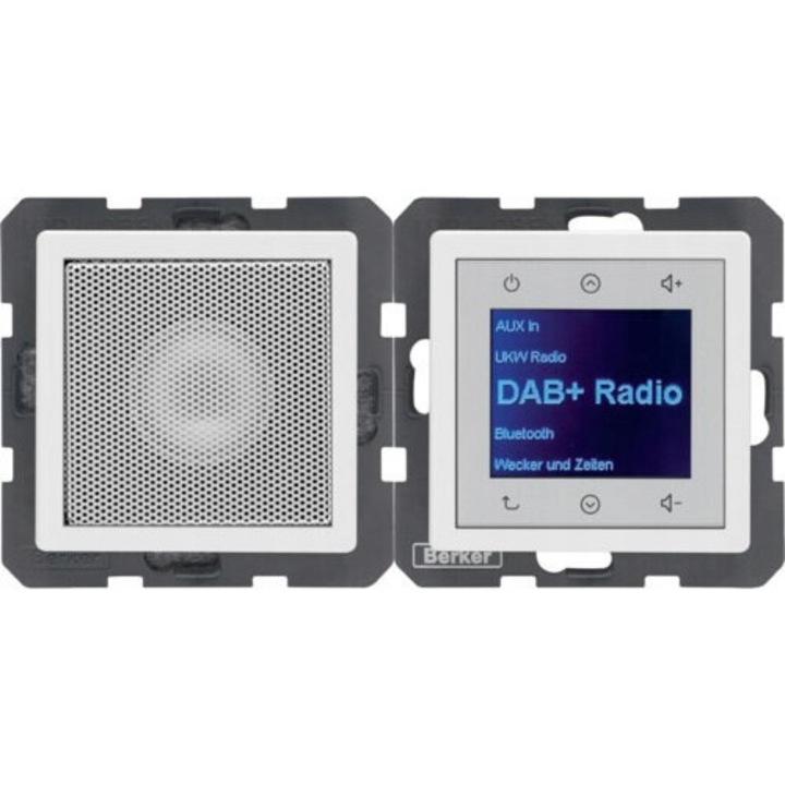 Радио с часовник Hager Q.Kwadrat DAB+ Bluetooth, бял, 33мм дълбочина, 35x28мм дисплей