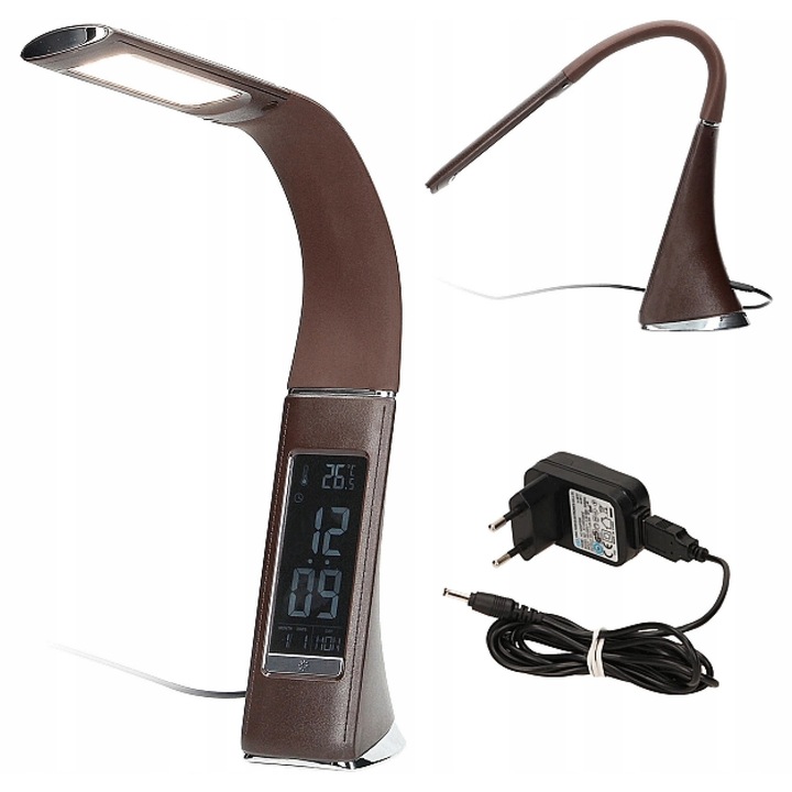 Настолна лампа/нощна лампа Virone Amet LED, 6W LED, 360 lm, 3 нива на интензитет, гъвкаво рамо, LCD дисплей с часовник, термометър и аларма, 3000K, кафява