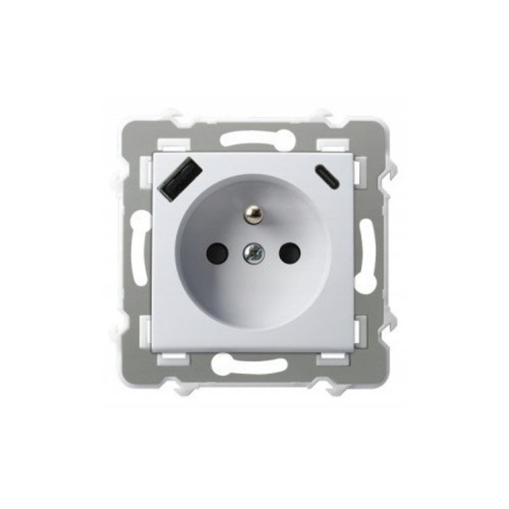 Incarcator USB A + C cu priza de impamantare OSPEL SZAFIR, alb, montaj subtire
