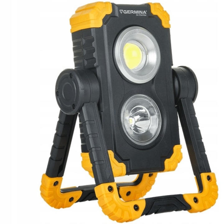 Proiector LED portabil Germina 10W, negru-galben, cu acumulator, functie power bank, 1000lm, IP44