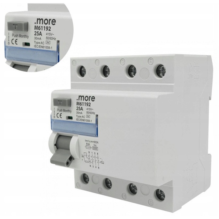 Dispozitiv de protectie Ecolight, intrerupator diferential TYP AC 6kA 4P 25A 30mA, 415V~, set 1 buc.