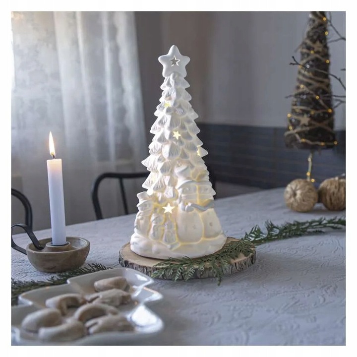 Decoratiune Craciun, Emos, choinka ceramica 4 LED, 33,5cm, alb cald, IP20