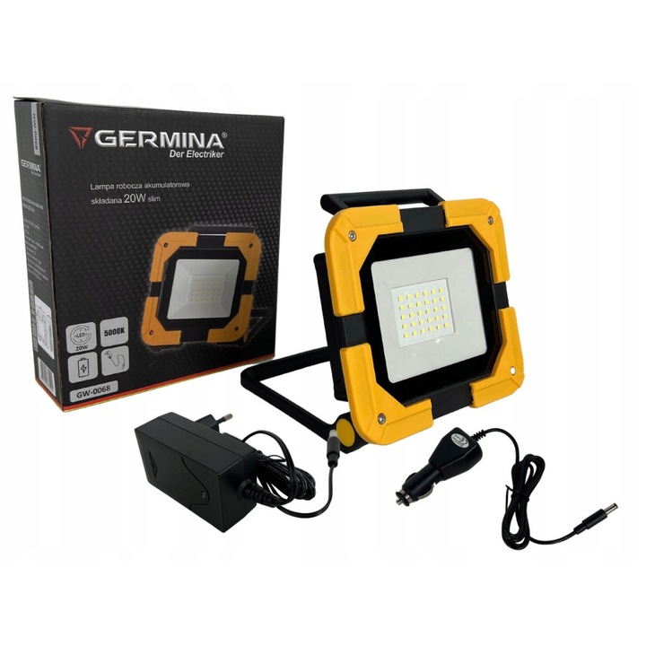 Proiector portabil Germina 20W, negru-galben, cu stativ, dimabil, 5000K, IP54