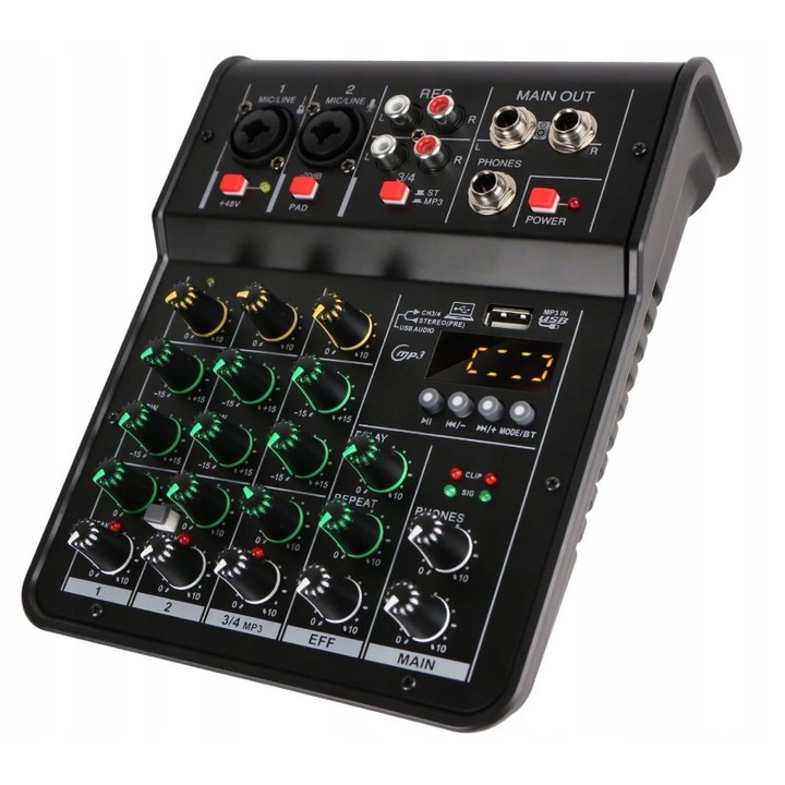 Аудио миксер 4 канала, 48V, Bluetooth, USB, 2 моно входа, 1 стерео вход