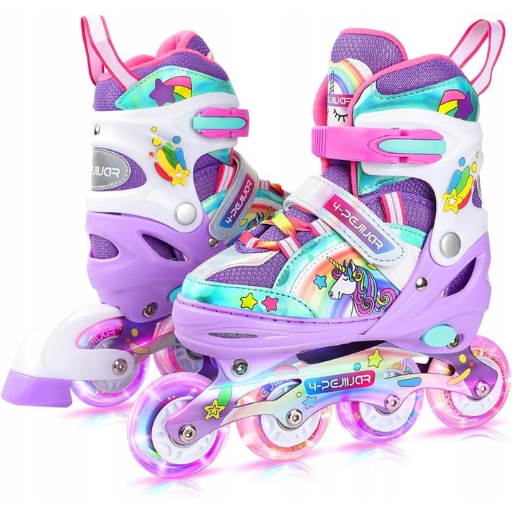Role pentru copii, 16-18,5cm, reglabile, cu roti luminoase, model unicorn, multicolor