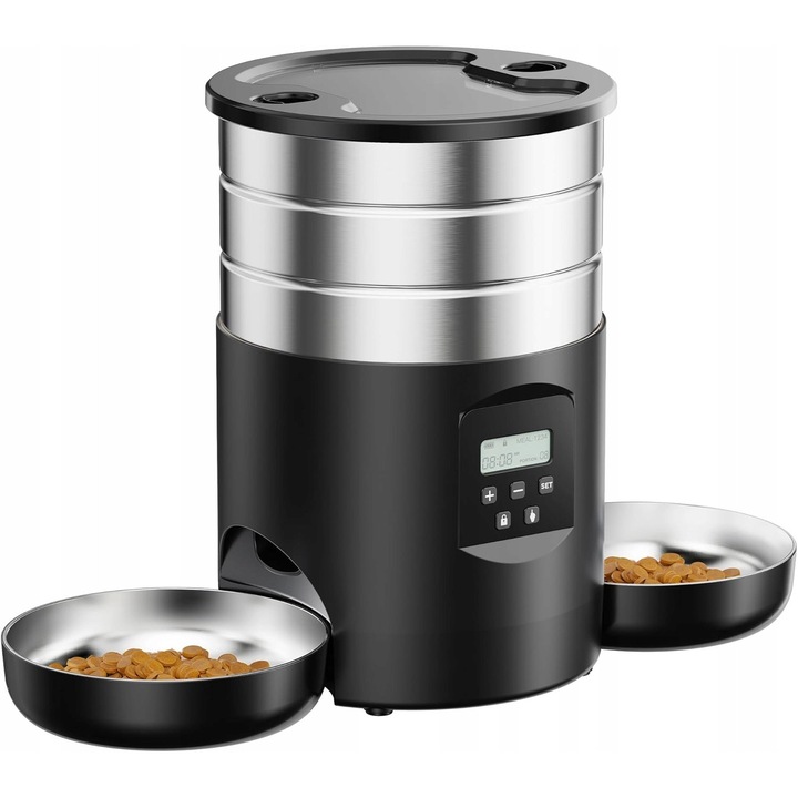 Dispenser automat pentru hrana pentru pisici, 5L, cu doua boluri, inox, design antiderapant
