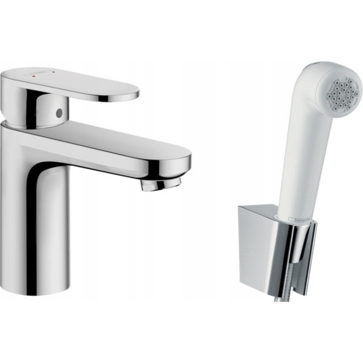 Baterie umywalkowa Hansgrohe Vernis Blend 100, crom-alb, 108x88mm, cu tehnologie AirPower, EcoSmart, set inclus