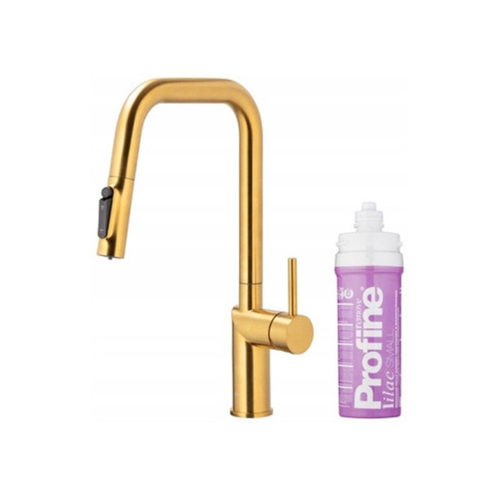 Кухненски смесител Duero Pure Style, златен, с филтър Profine Lilac, разтегателен, 240 мм