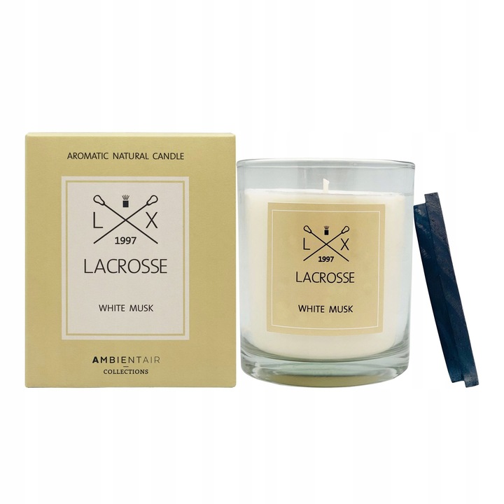 Lumanare parfumata Lacrosse White Musk, 60h, sticla cu capac din lemn