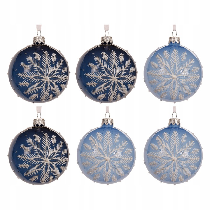 Set globuri de Craciun, 6 bucati, 8 cm, Kaemingk, nuante de albastru, sticla, finisaj lucios